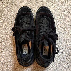 CHANEL Black Velvet & Suede Low-Top Sneakers